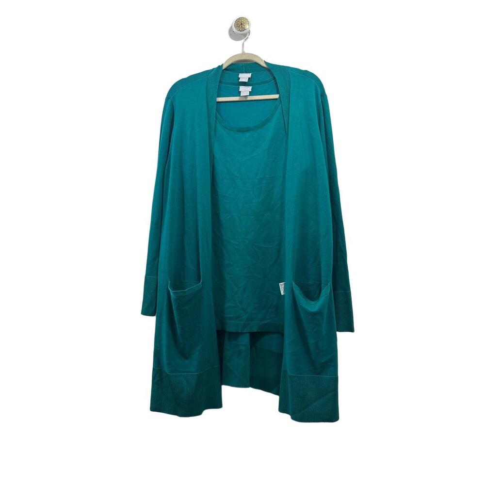 Chicos Tank And Sweater Set Womens Size 3 Teal Green Sleeveless Pockets